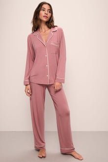 Model wears Gisele TENCEL Modal Long PJ Set in Old Rose/Ivory.