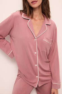 Model wears Gisele TENCEL Modal Long PJ Set in Old Rose/Ivory.