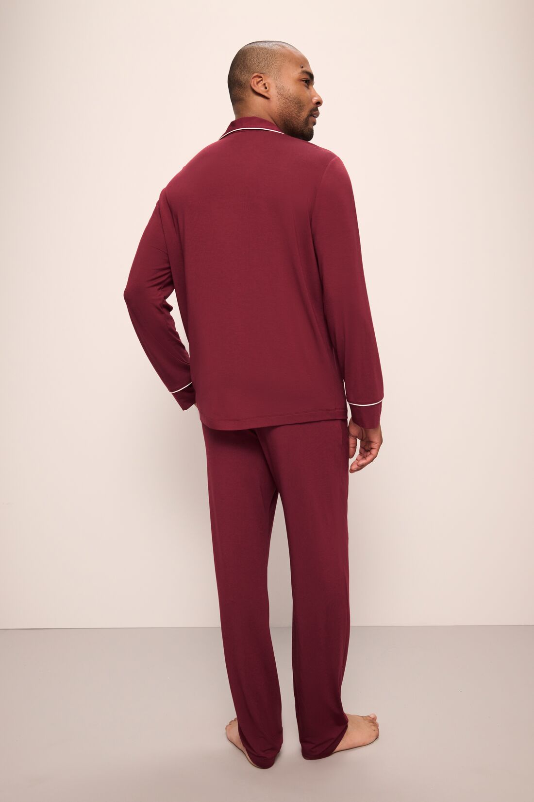 Model wears William TENCEL Modal Long PJ Set in Cabernet/Ivory.