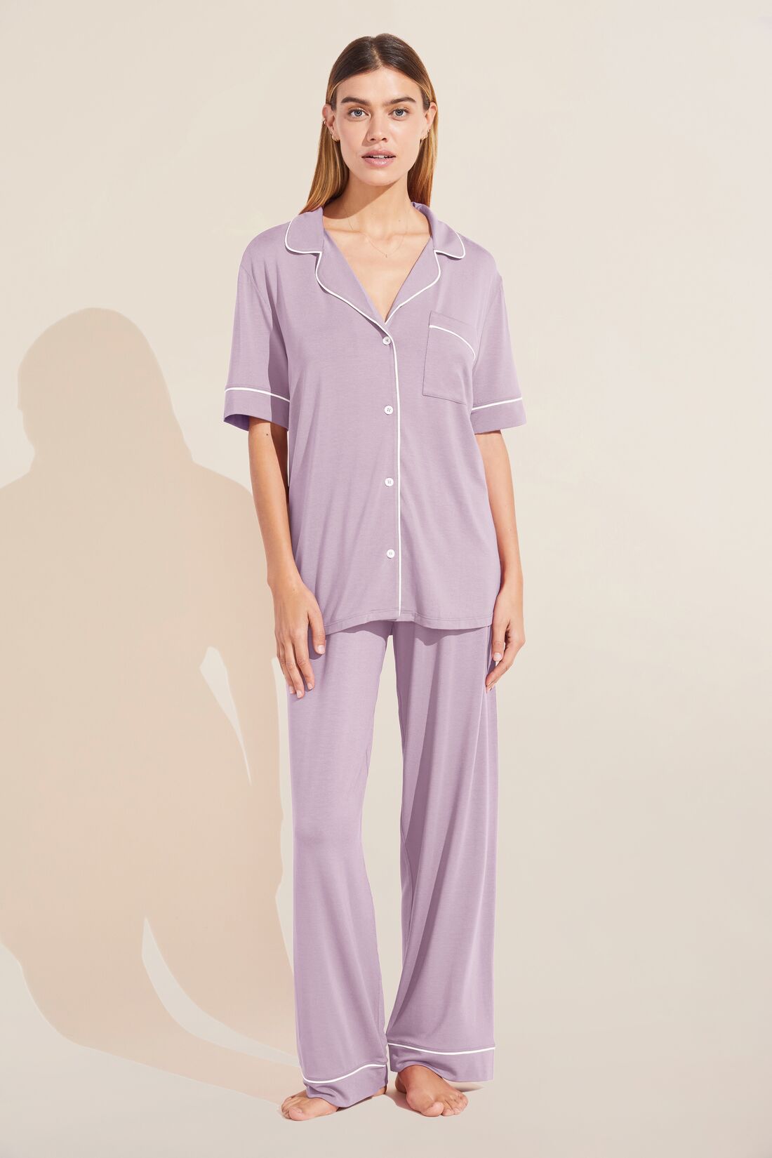 Model wears Gisele TENCEL Modal Short Sleeve & Pant PJ Set in lavender/ivory.