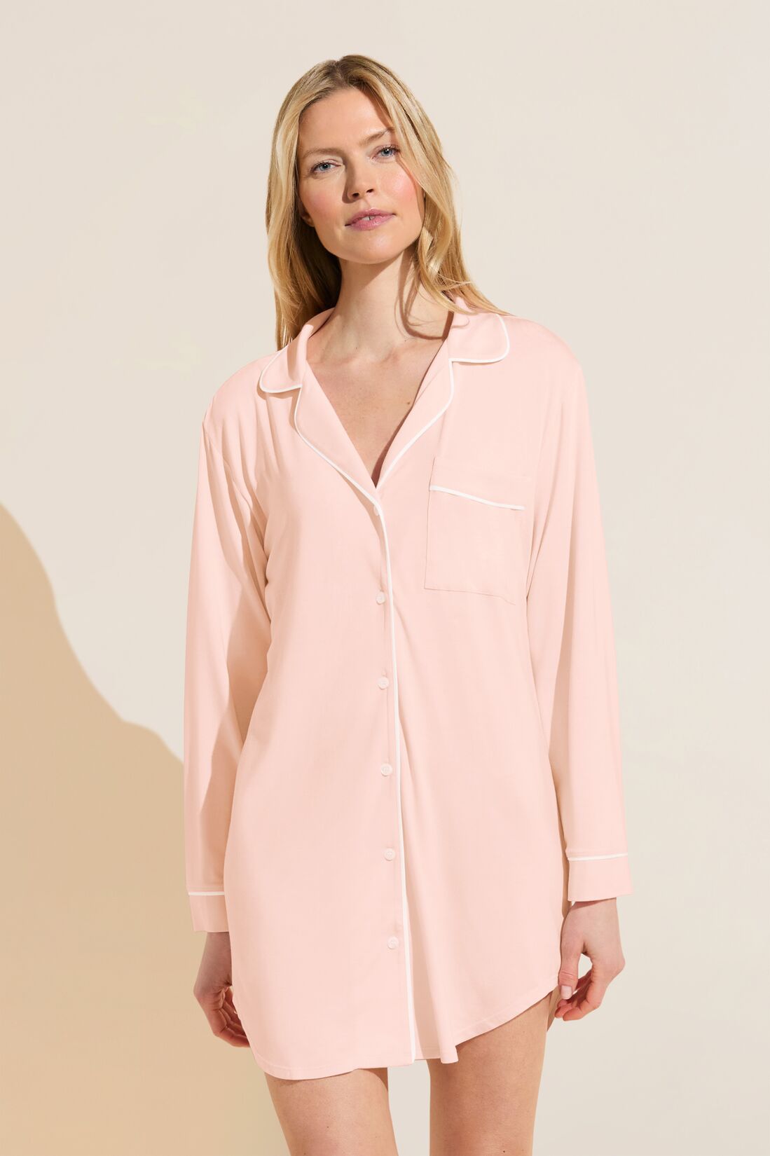 Model wears Gisele TENCEL Modal Sleepshirt in petal pink/ivory.