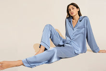 Model wears Inez Washable Silk Long PJ Set in Wedgewood Blue/Navy.