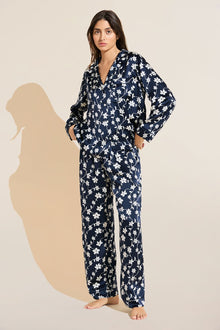 Model wears Inez Washable Silk Printed Long PJ Set in Modern Floral Navy/Navy.