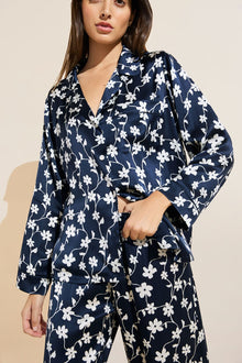 Model wears Inez Washable Silk Printed Long PJ Set in Modern Floral Navy/Navy.