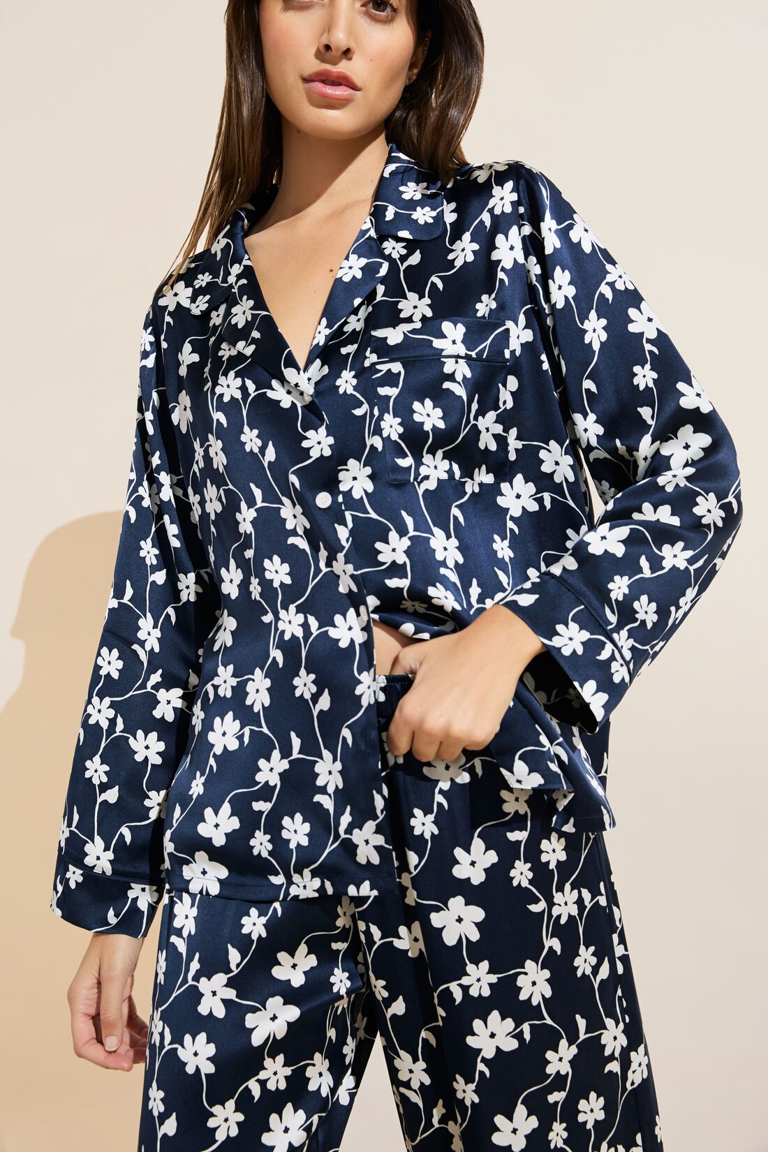 Model wears Inez Washable Silk Printed Long PJ Set in Modern Floral Navy/Navy.