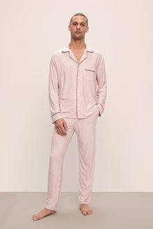 Model wears William Printed TENCEL Modal Long PJ Set in Duo Stripe Haute Red/Haute Red.