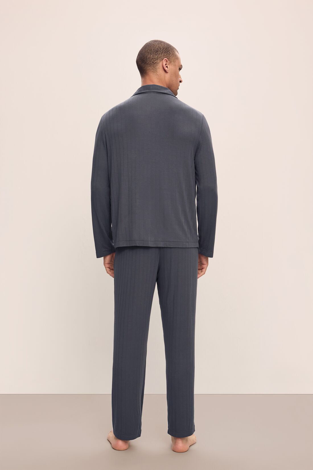 Model wears William TENCEL Modal Rib Long PJ Set in Graphite.