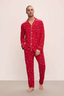 Model wears William Printed TENCEL Modal Long PJ Set in Winter Wonderland Haute Red/Ivoryory.