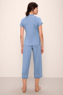 Model wears Gisele TENCEL Modal Short Sleeve Cropped PJ Set in wedgewood blue/ivory.