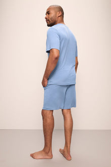 Model wears Henry TENCEL Modal Rib Short PJ Set in Wedgewood Blue.