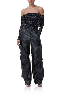 women's mesh long sleeve off the shoulder bodysuit in noir dot print