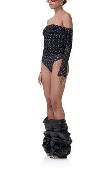 women's mesh long sleeve off the shoulder bodysuit in noir dot print