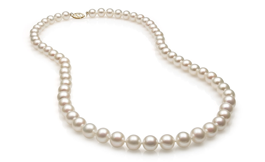 AAA Quality Round Strand Necklace | 14K Yellow Gold | White Freshwater Pearl7mm - 8mm