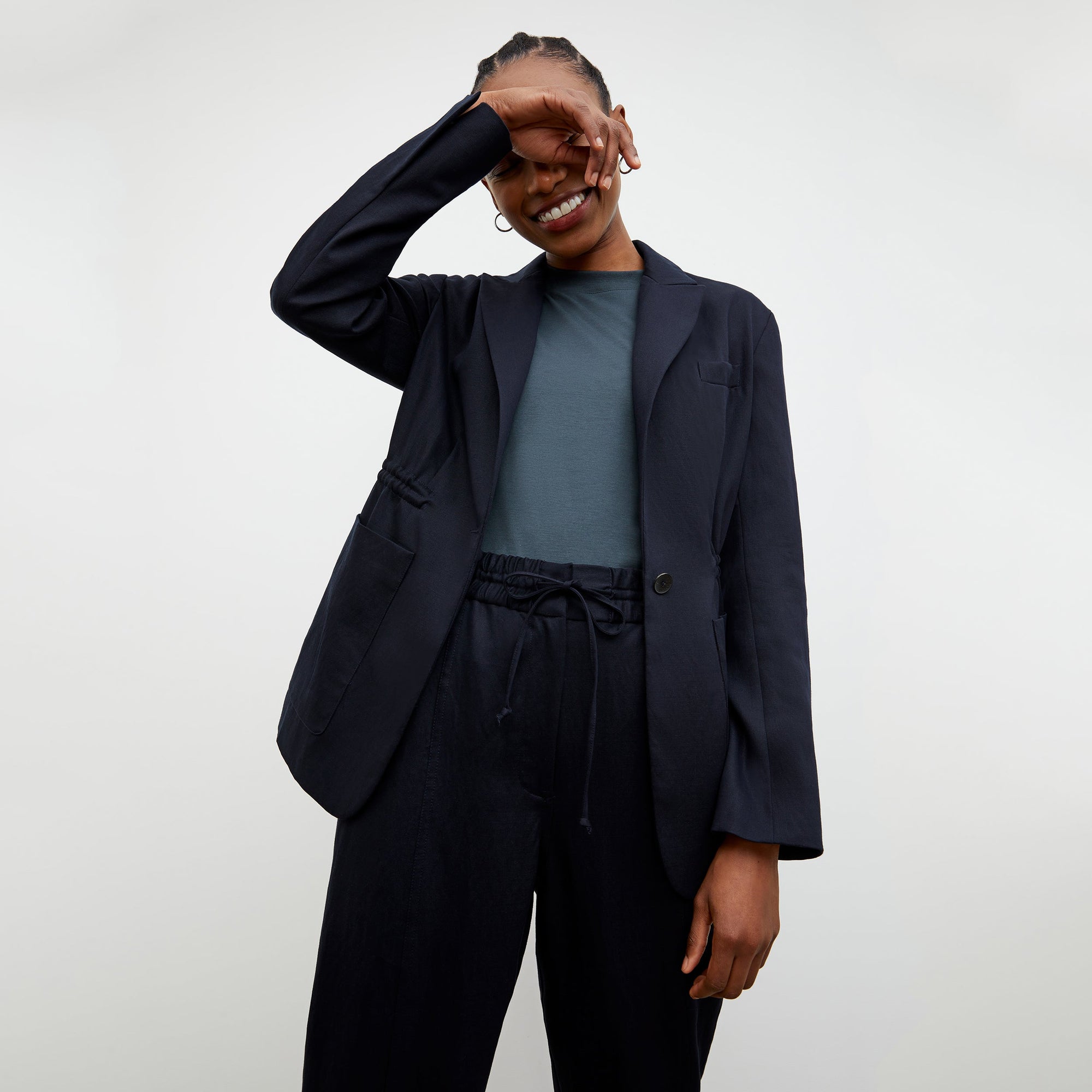 Front image of a woman wearing the Shane Pant - Everyday Twill in Night | Exclude