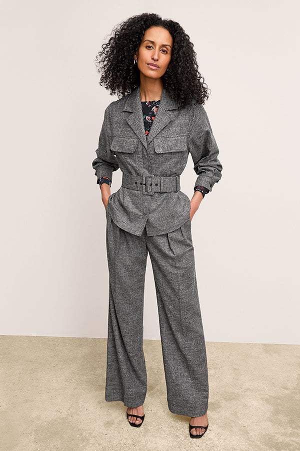 front image of a woman wearing the natalia jacket in black/white | Exclude 
