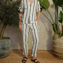 Maitan Stripe Relaxed Fit Capri Collar Linen-Cotton Shirt | Azul Blue/Cashew
