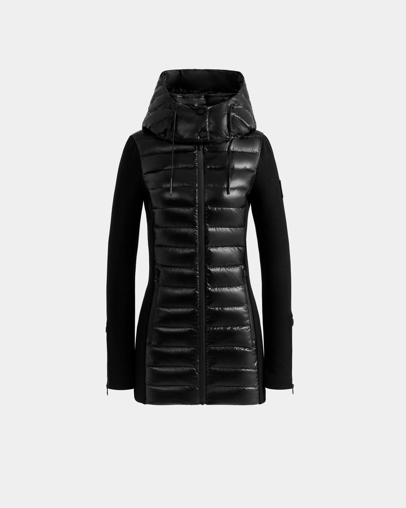 The Rudsak MARRY S - L125521 Black is a hooded, long-sleeve winter jacket featuring a glossy weather-resistant front and matte sleeves and sides, shown against a plain light gray background.