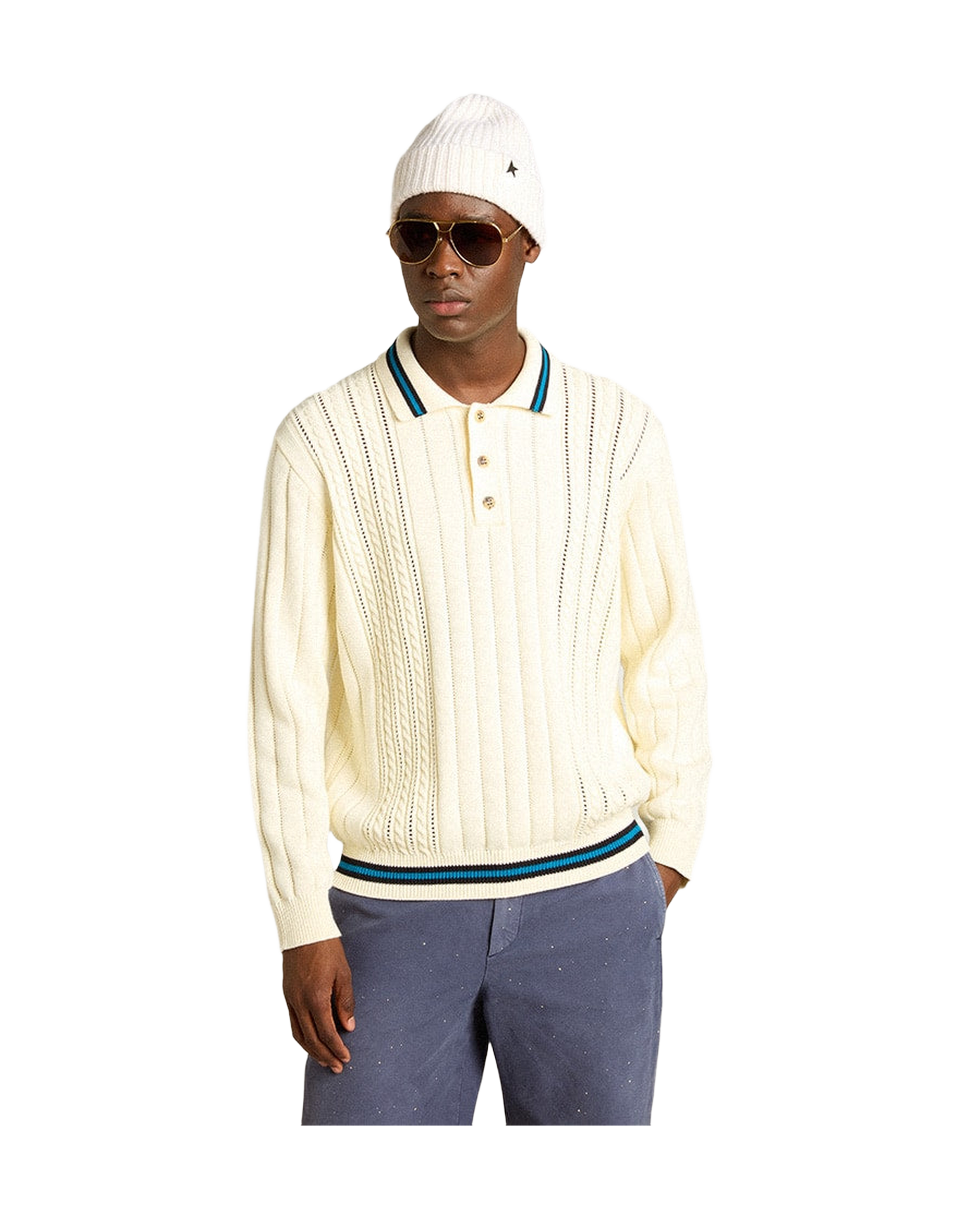Men | Long-Sleeved Polo Shirt with Perforated Details | Heritage White x Blue