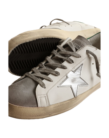Men | Super-Star White Leather with Silver Star & Green Heel Tab | White x Grey x Silver x Green