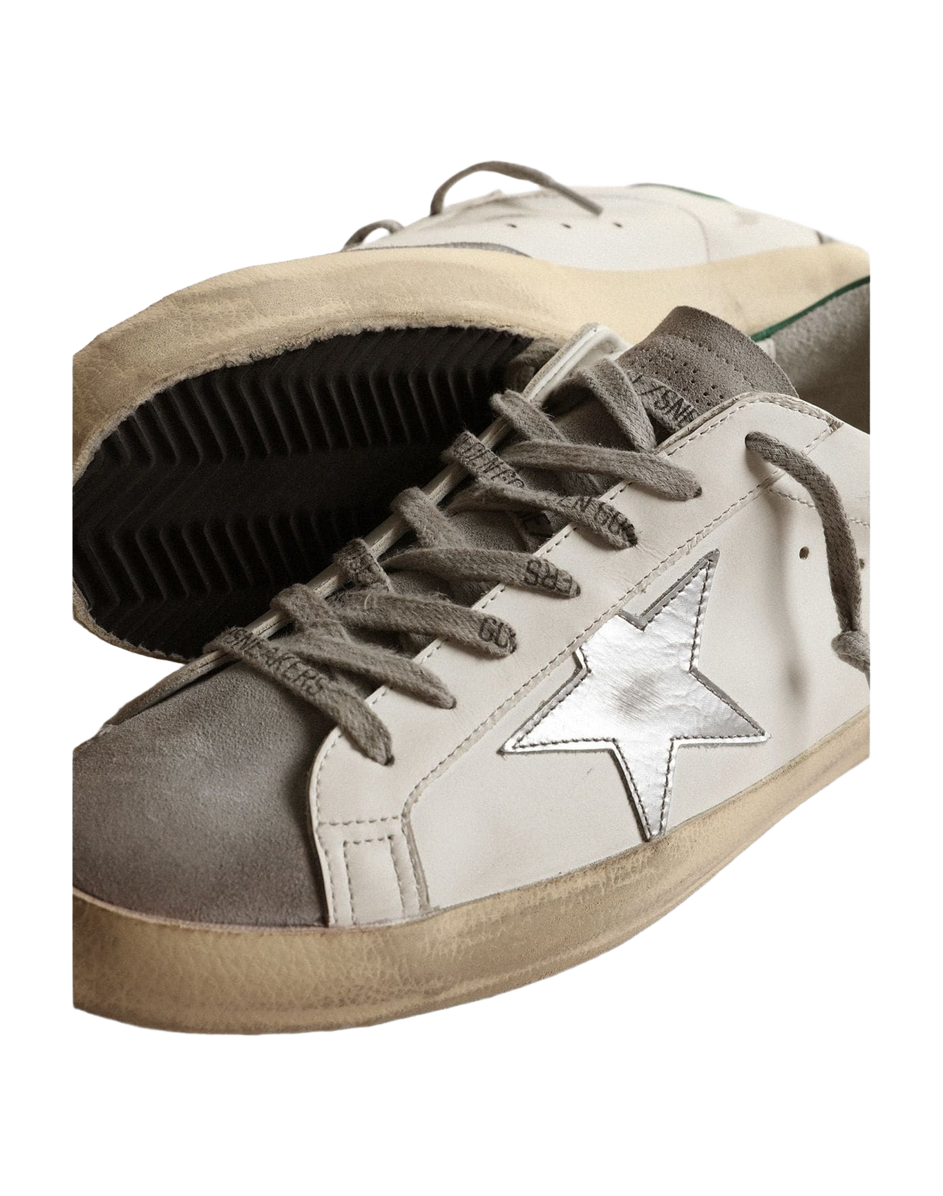 Men | Super-Star White Leather with Silver Star & Green Heel Tab | White x Grey x Silver x Green