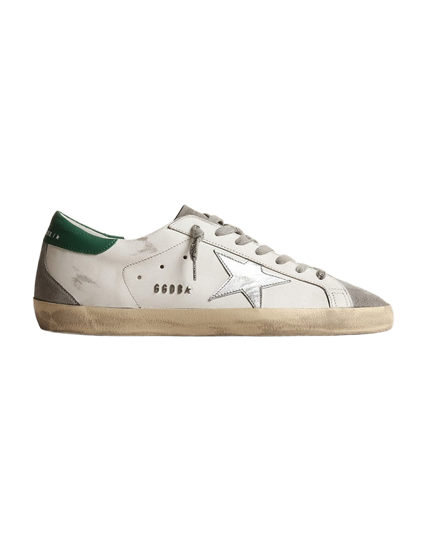 Men | Super-Star White Leather with Silver Star & Green Heel Tab | White x Grey x Silver x Green