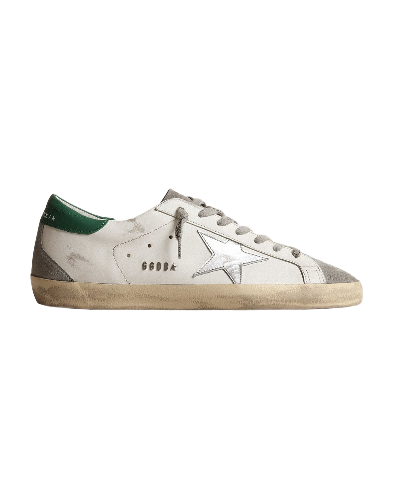 Men | Super-Star White Leather with Silver Star & Green Heel Tab | White x Grey x Silver x Green