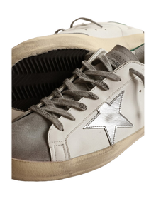 Men | Super-Star White Leather with Silver Star & Green Heel Tab | White x Grey x Silver x Green