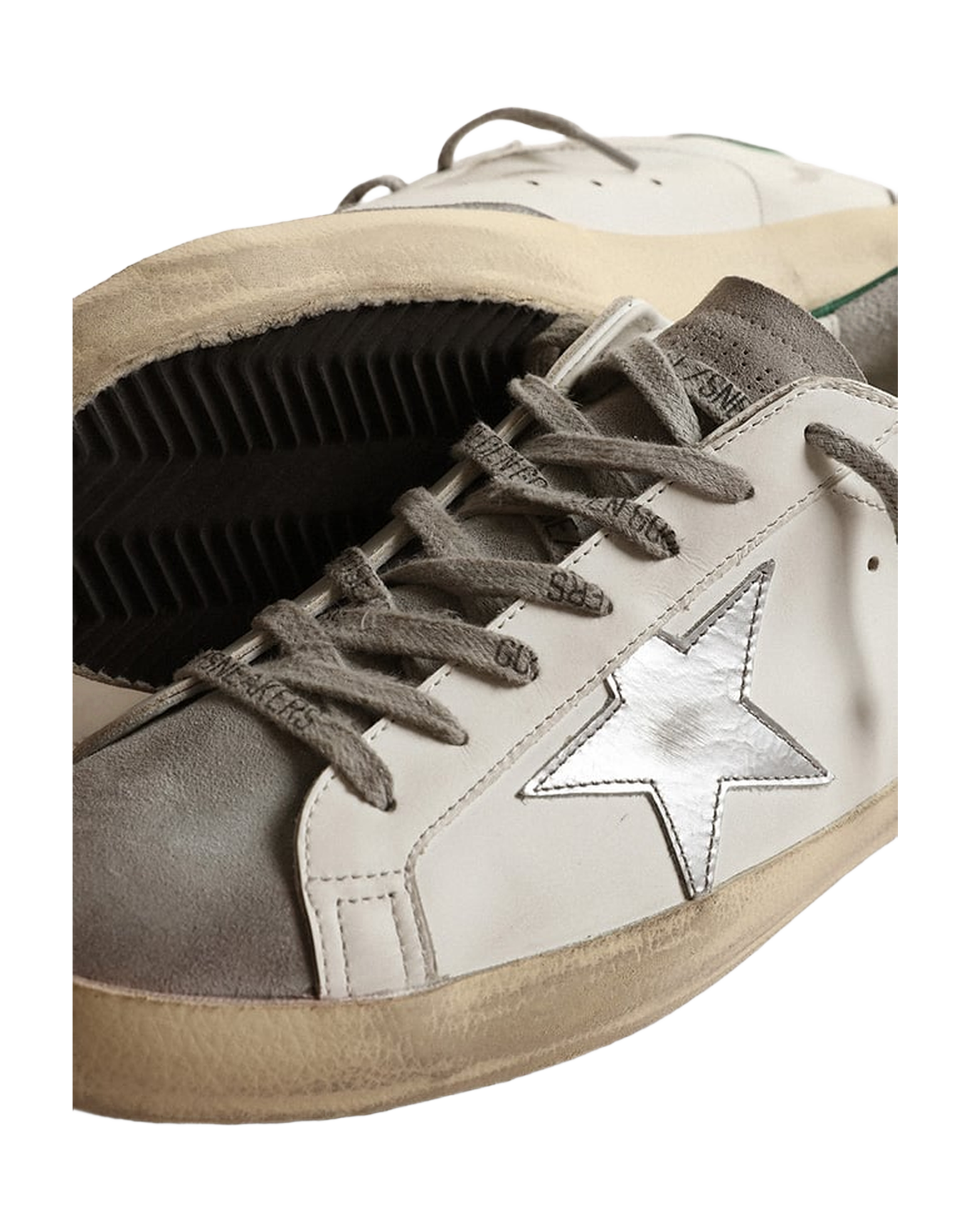 Men | Super-Star White Leather with Silver Star & Green Heel Tab | White x Grey x Silver x Green