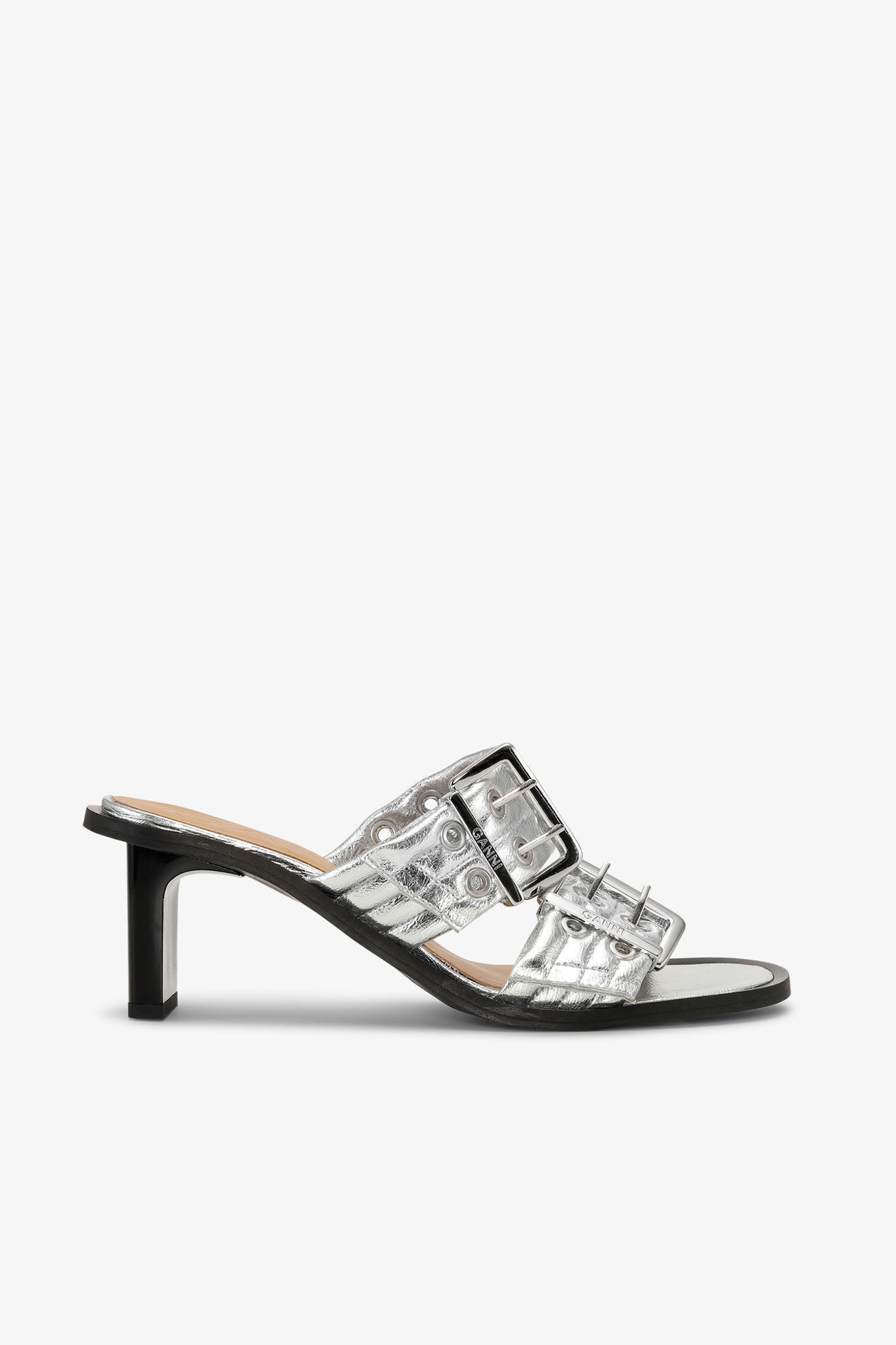 Metallic Feminine Buckle Heeled Mule Sandals | Silver