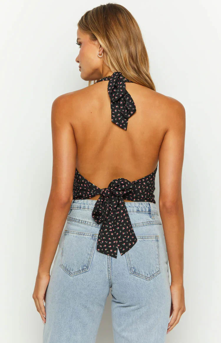 Midnight Blossom Floral Crop Top | Black