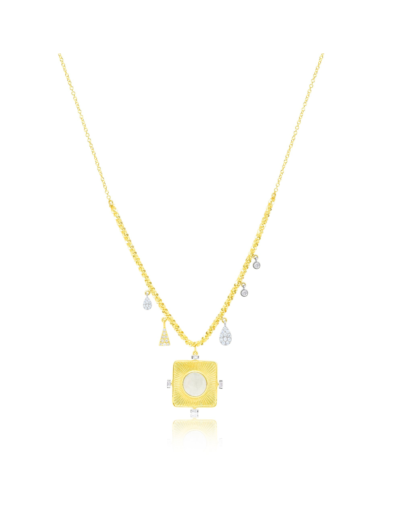 Milky Aqua Square Pendant Textured Chain Charm Necklace | Yellow Gold