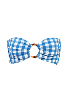 Blue and white gingham bandeau bikini top with tortoiseshell ring detail at center front.