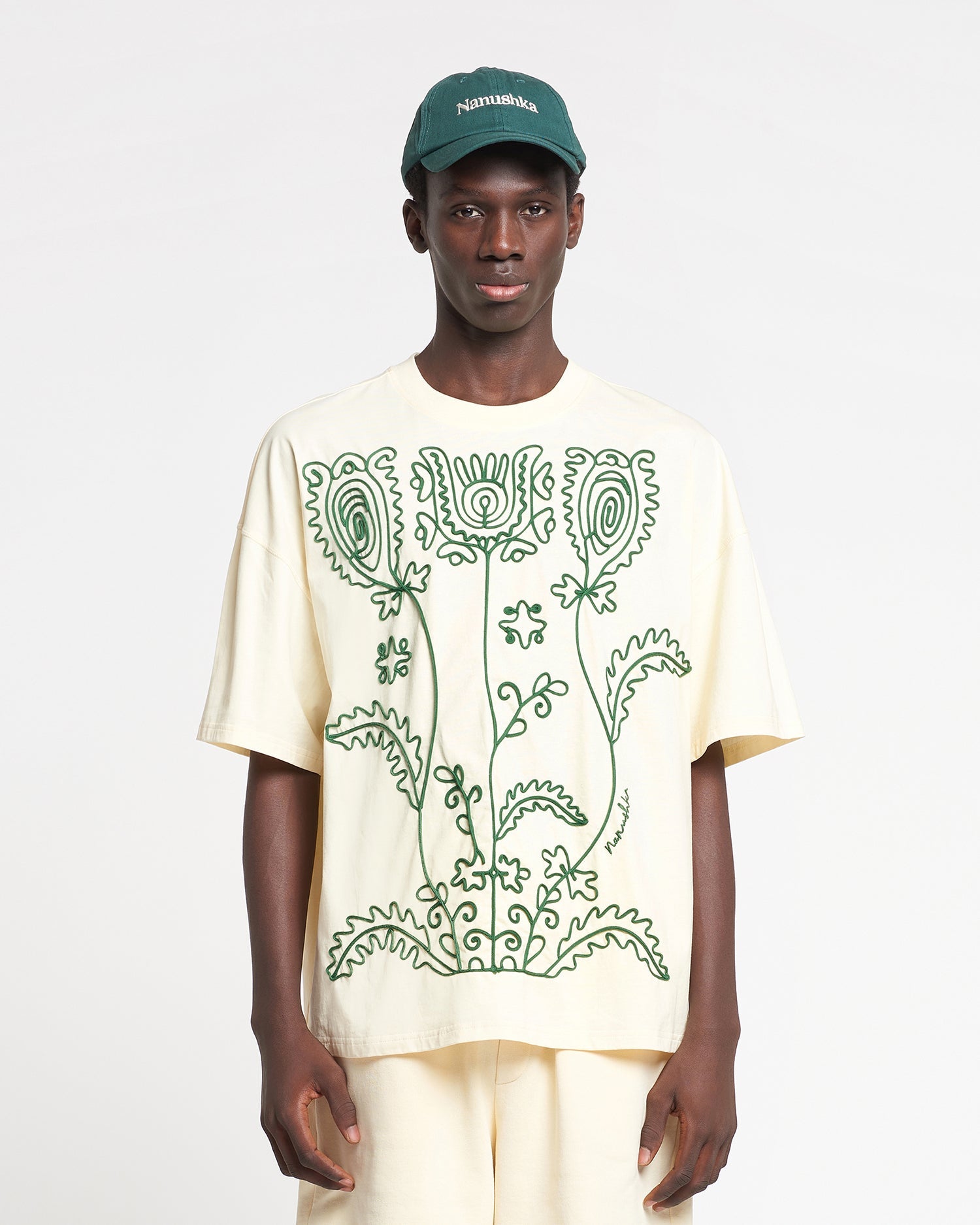 Unisex | Wren Embroidered Cotton-Jersey T-Shirt | Creme/Green