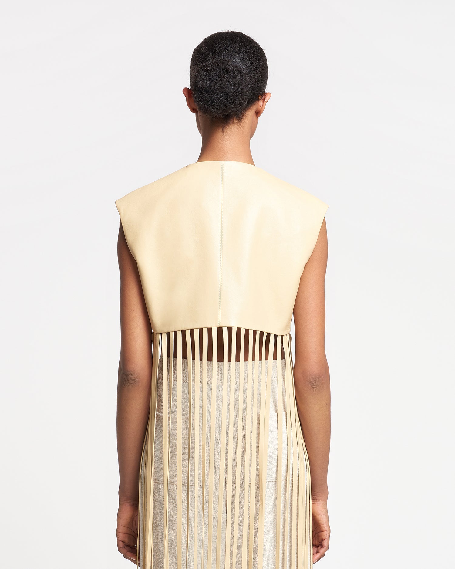 Womens | Derora Fringed Regenerated Leather Vest | Vintage Creme