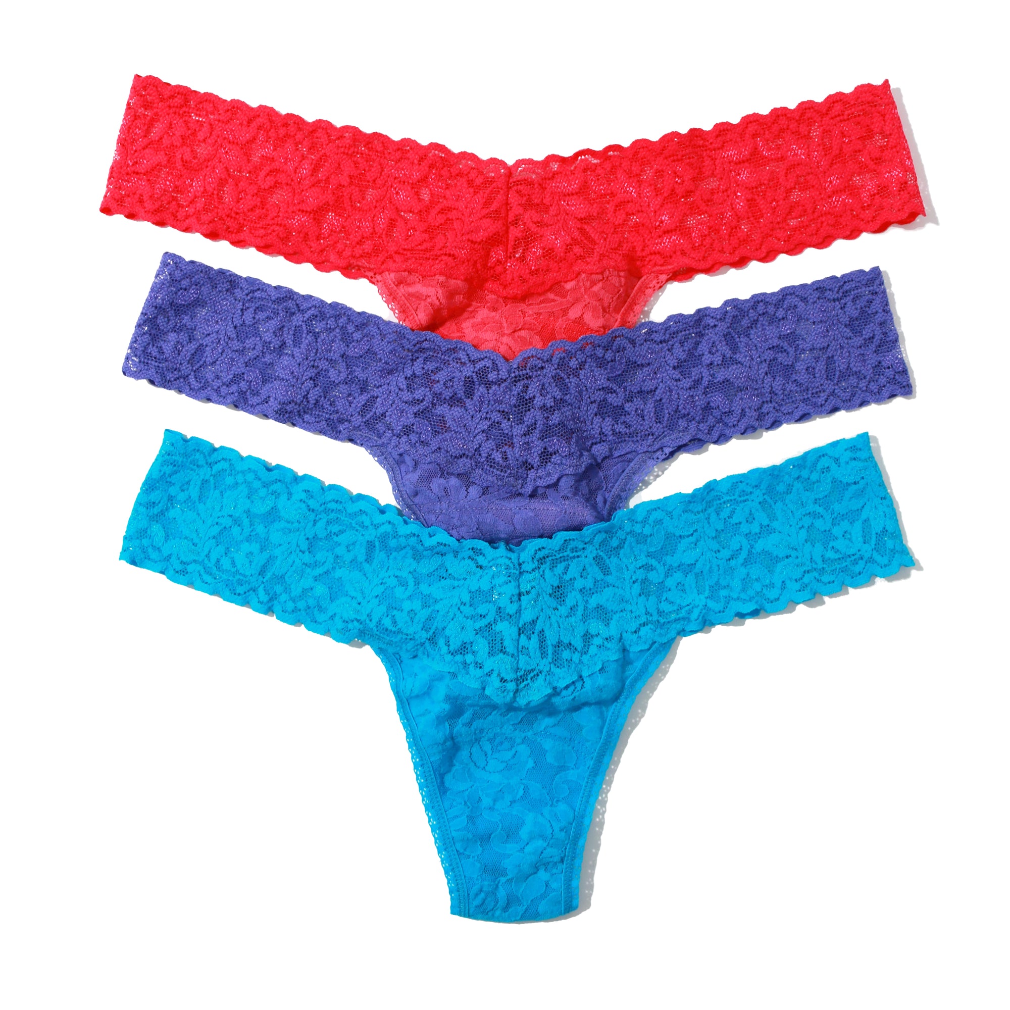 3-Pack Signature Lace Low Rise Thongs | Coral/African Violet/Island Blue