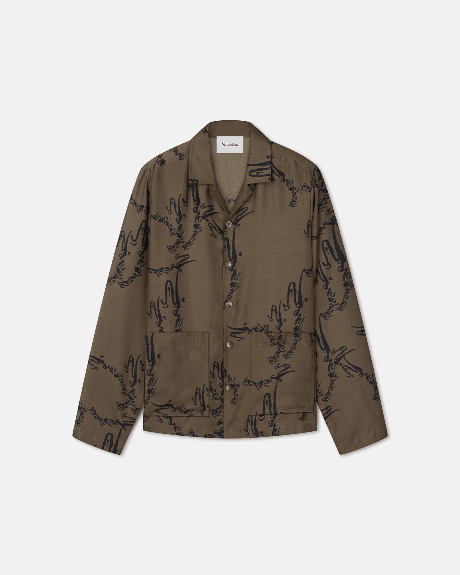 Mens | Emin Printed Silk-Twill Shirt | Calligraphy Khaki