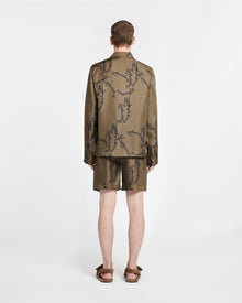 Mens | Emin Printed Silk-Twill Shirt | Calligraphy Khaki