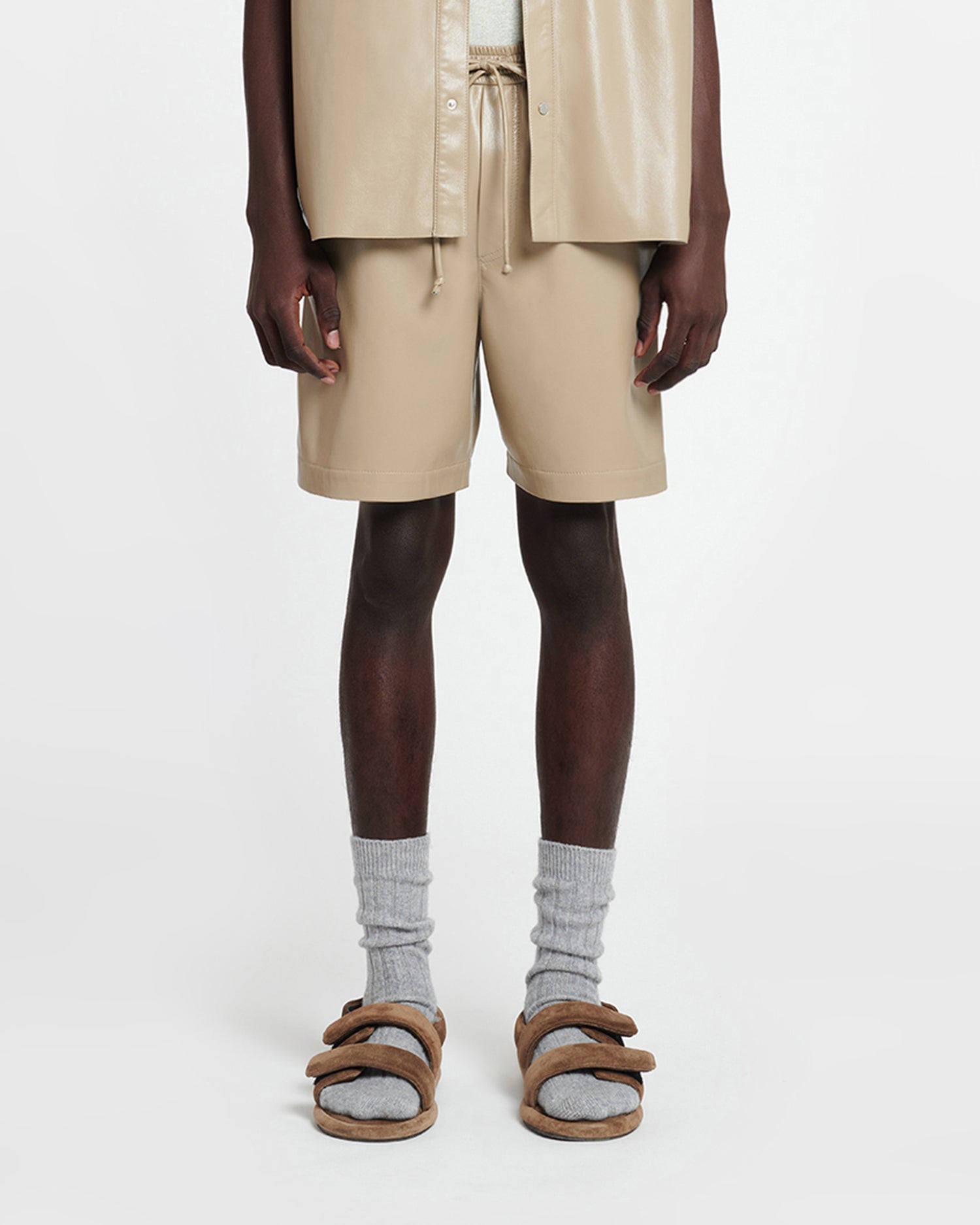 Mens | Doxxi Okobor Alt-Leather Shorts | Ashy Taupe