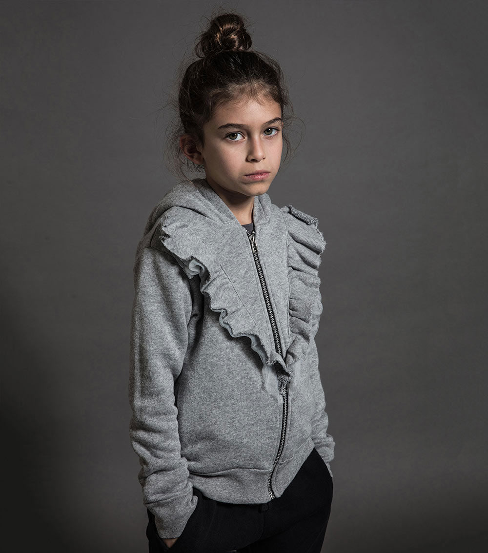 Kid | Ruffled Zip Hoodie | Heather Grey