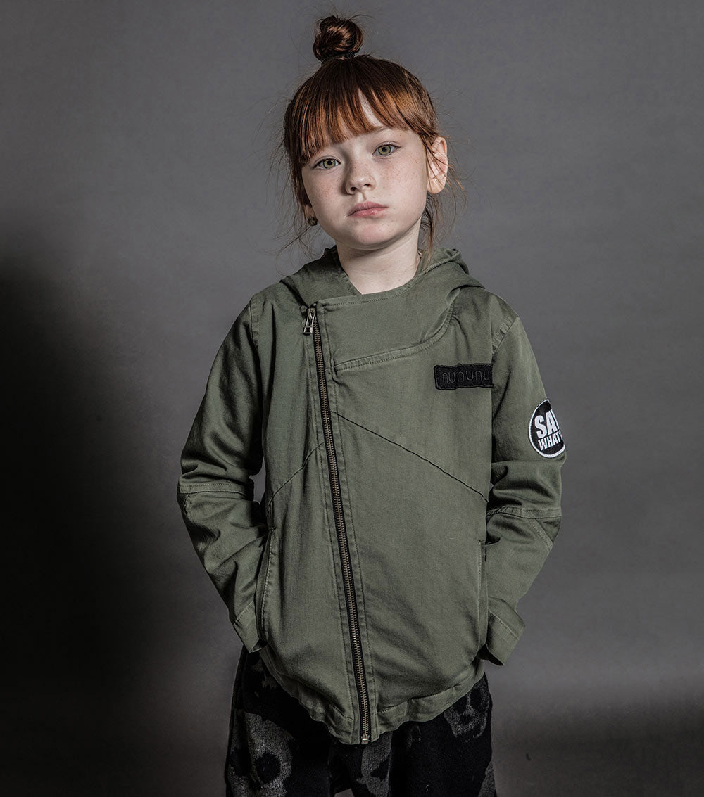 Kid | Hooded Biker Jacket | Dyed Olive