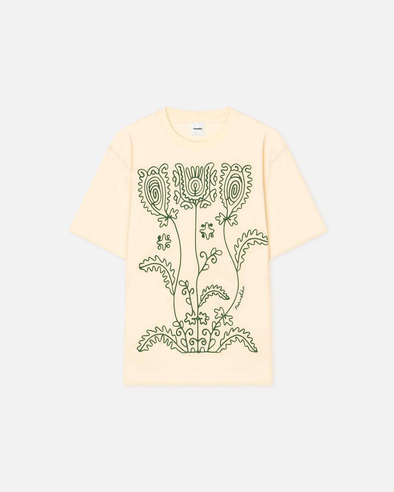 Unisex | Wren Embroidered Cotton-Jersey T-Shirt | Creme/Green