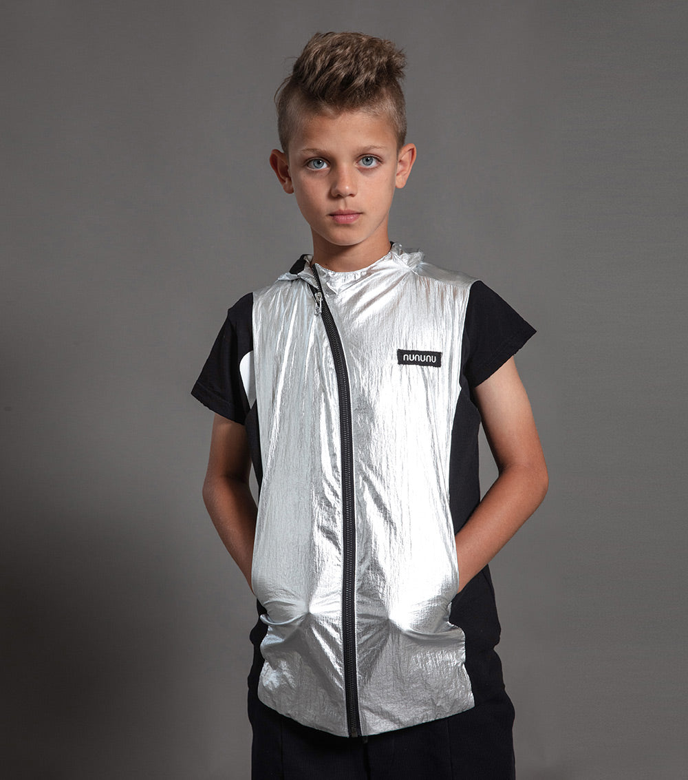 Kid | Duo Nylon Hooded Vest | Black x Silver