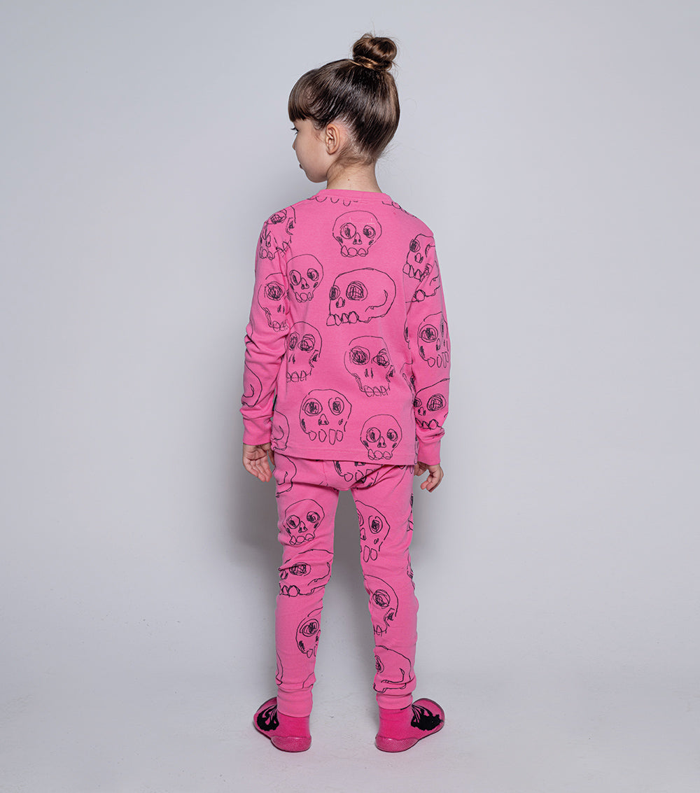 Kid | Scribbled Skulls Loungewear | Hot Pink