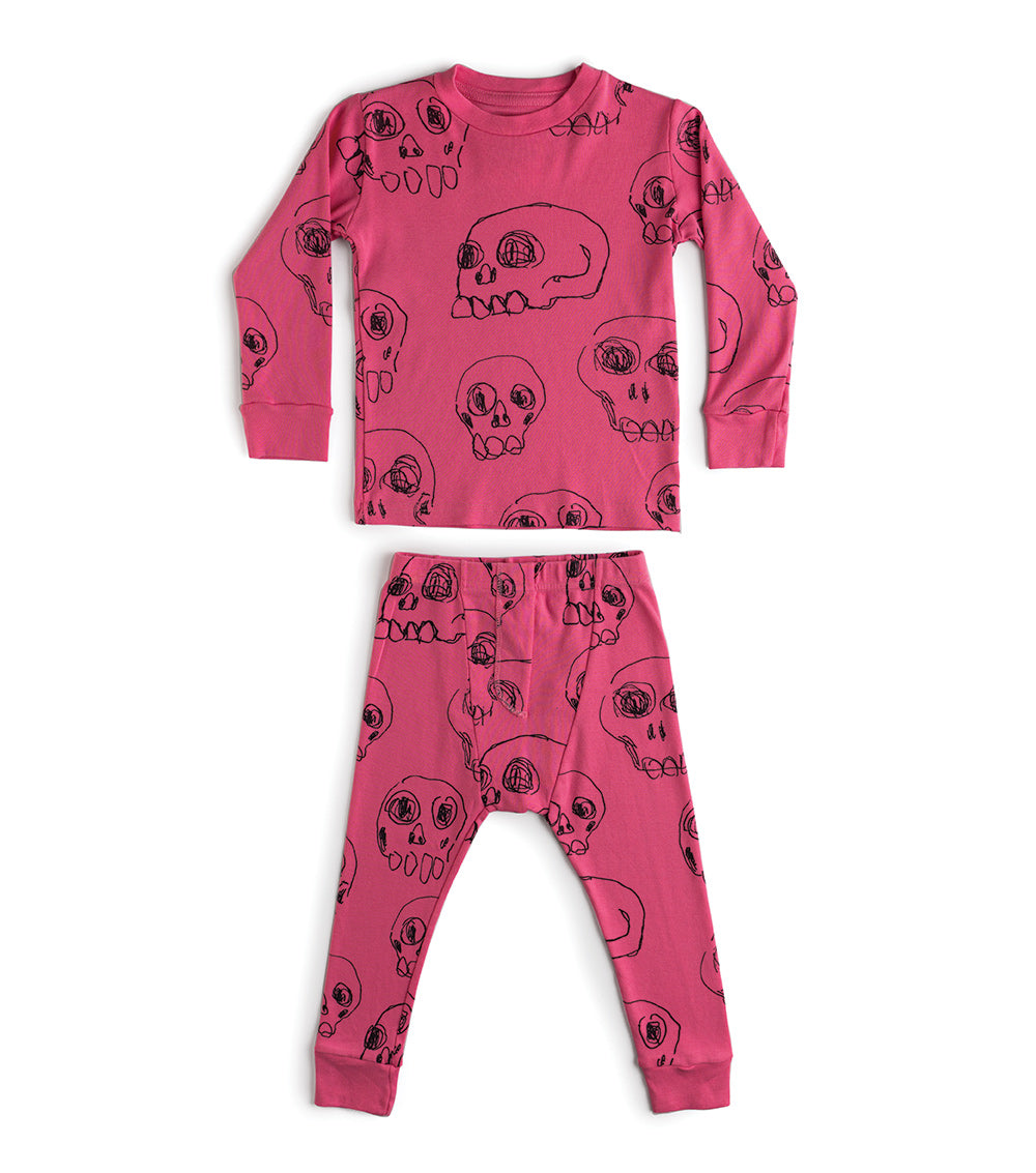 Kid | Scribbled Skulls Loungewear | Hot Pink