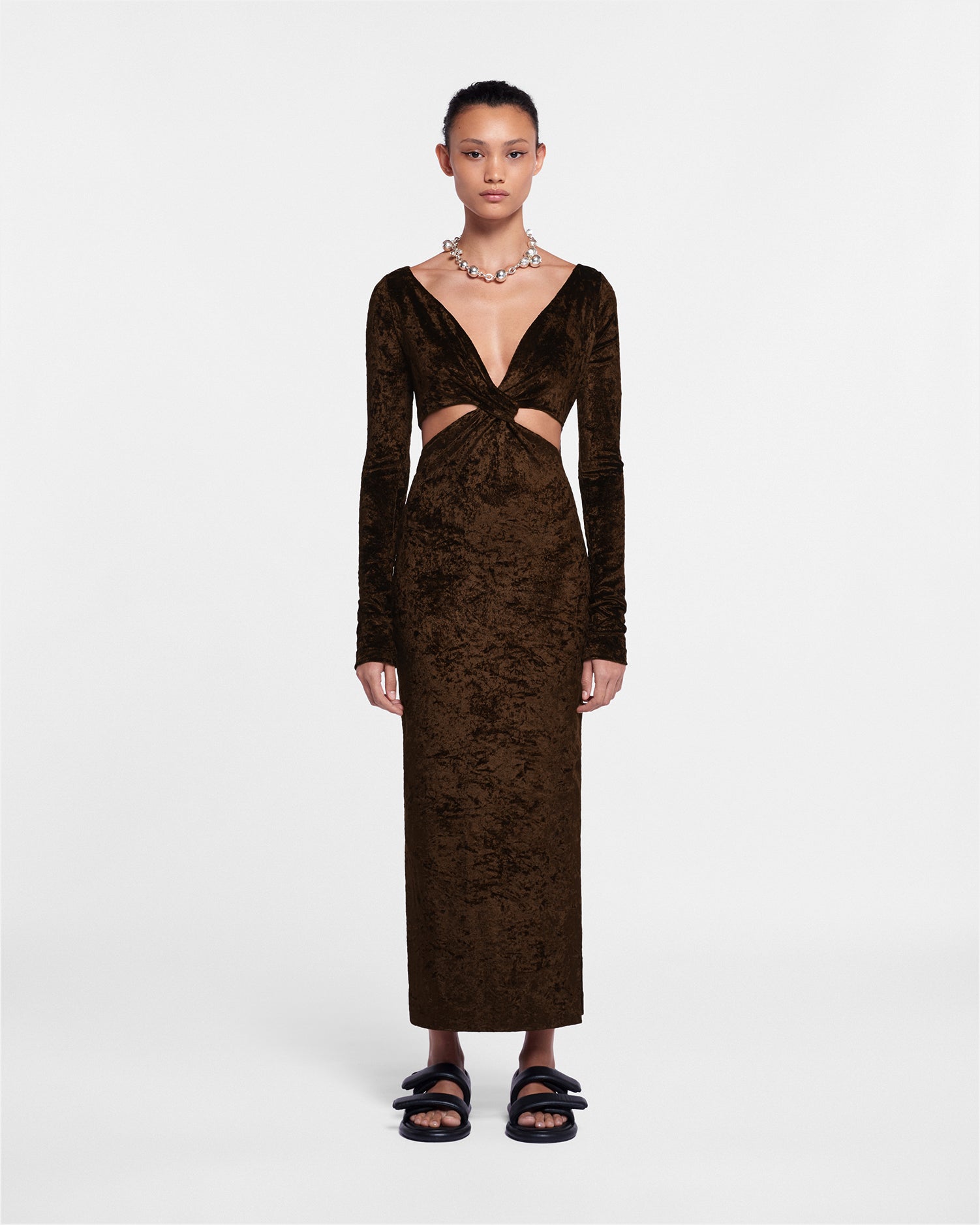 Womens | Zanee Cut-Out Crushed-Velvet Dress | Dark Brown