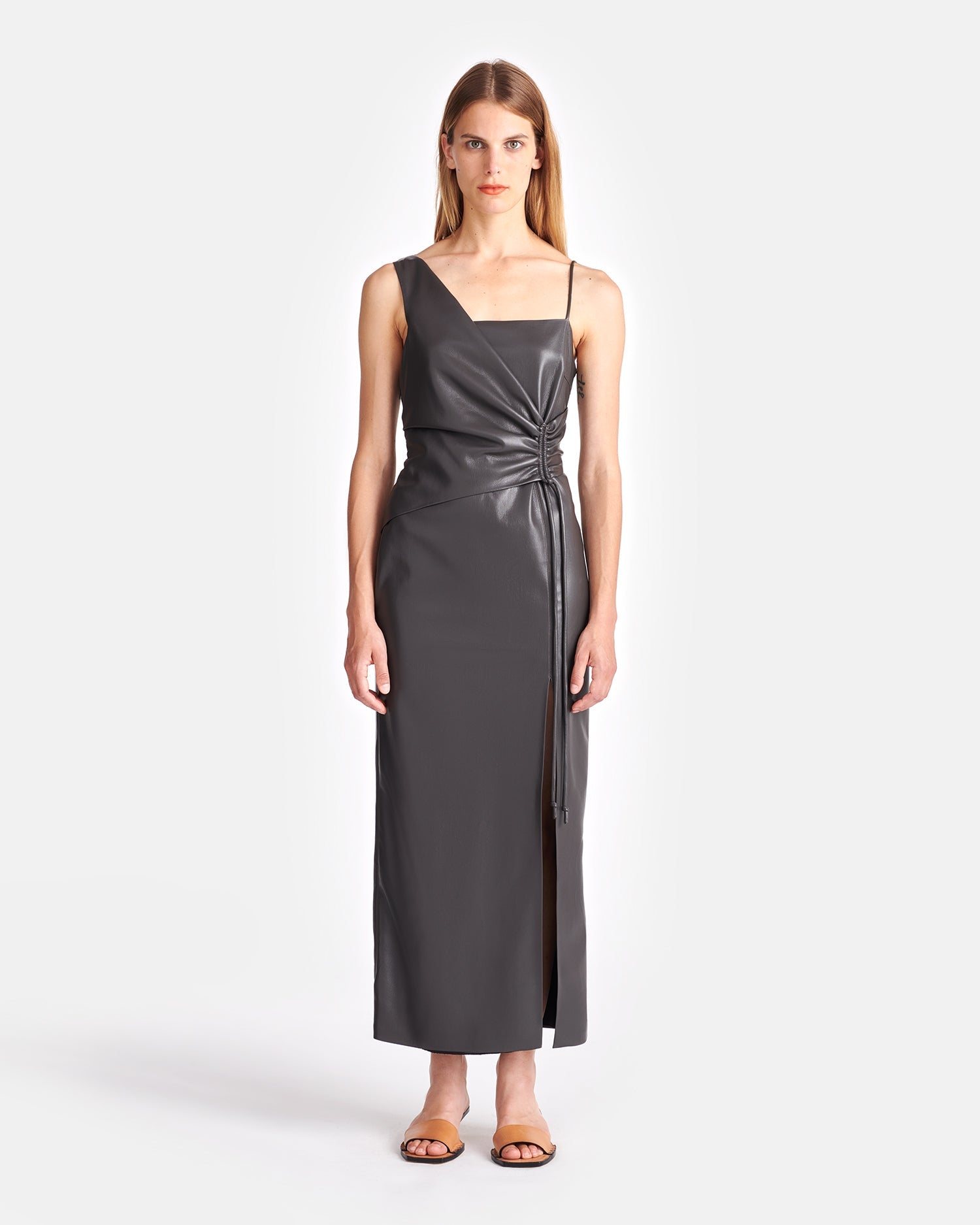 Womens | Fenera Asymmetric Okobor Alt-Leather Midi Dress | Midnight Green