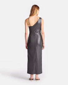 Womens | Fenera Asymmetric Okobor Alt-Leather Midi Dress | Midnight Green