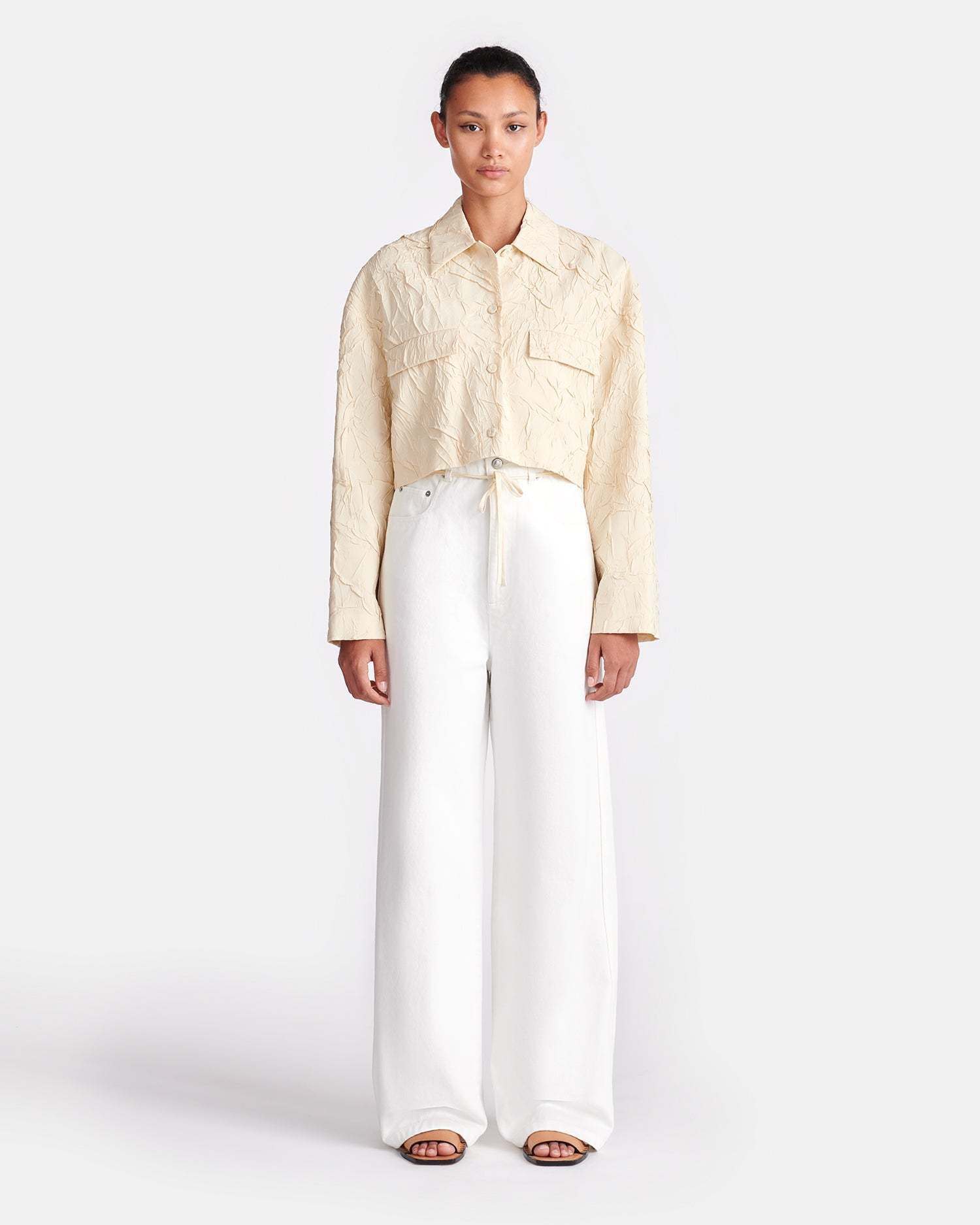 Womens | Coreen Cropped Sculpted Glass Poplin Shirt | Oat