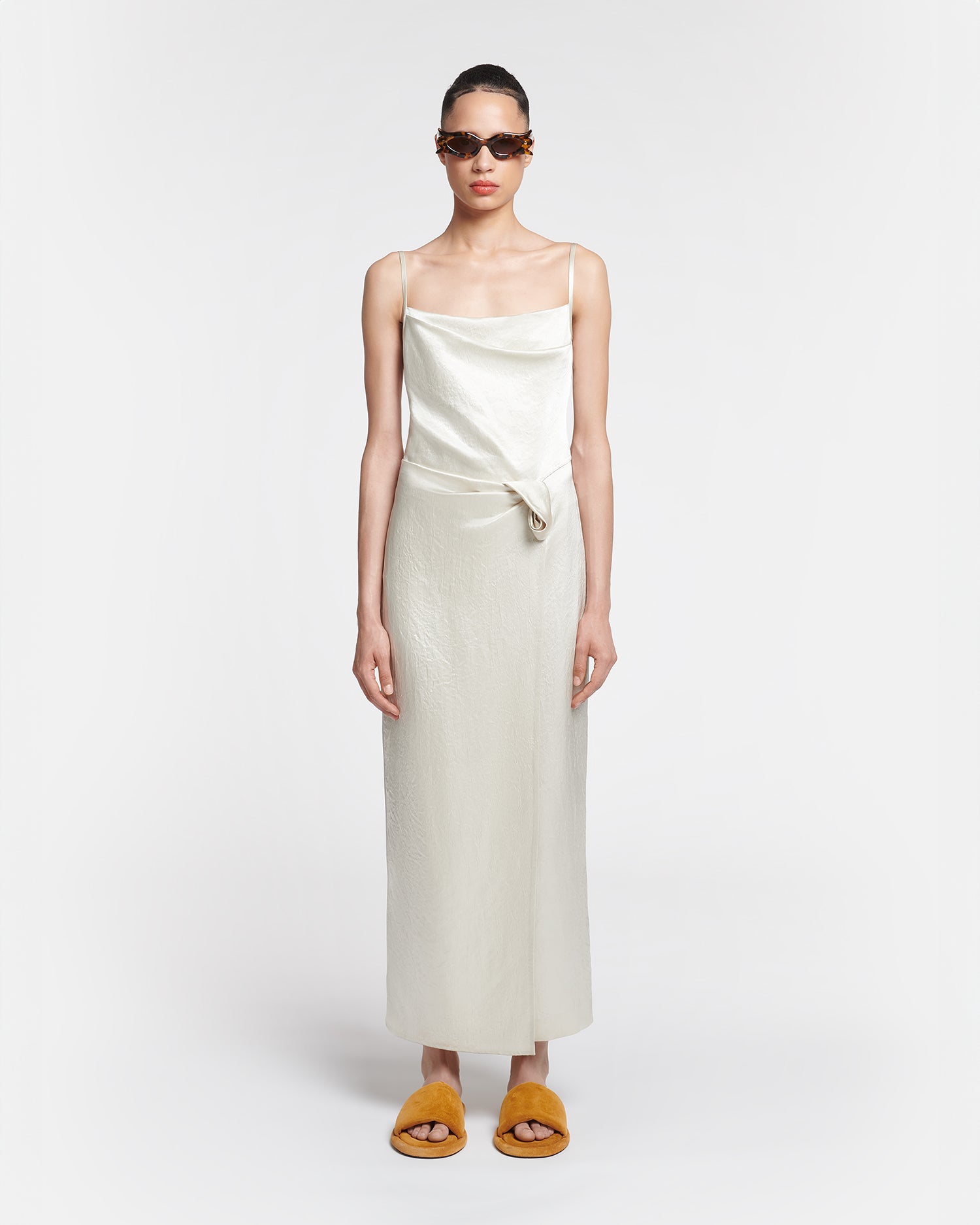 Womens | Briar Ruched Crinkled-Satin Midi Dress | Ecru