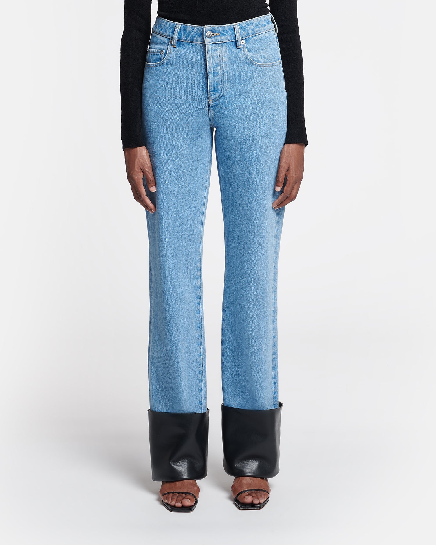 Womens | Raynee Leather-Trimmed Straight-Leg Jeans | Mid Blue